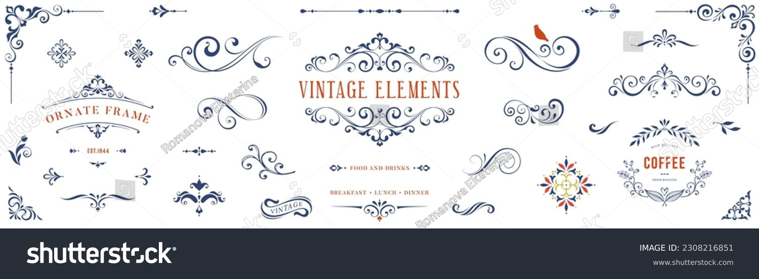 Ornate vintage frames and scroll elements. Classic calligraphy swirls, swashes, floral motifs. Good for greeting cards, wedding invitations, restaurant menu, royal certificates and graphic design. #2308216851