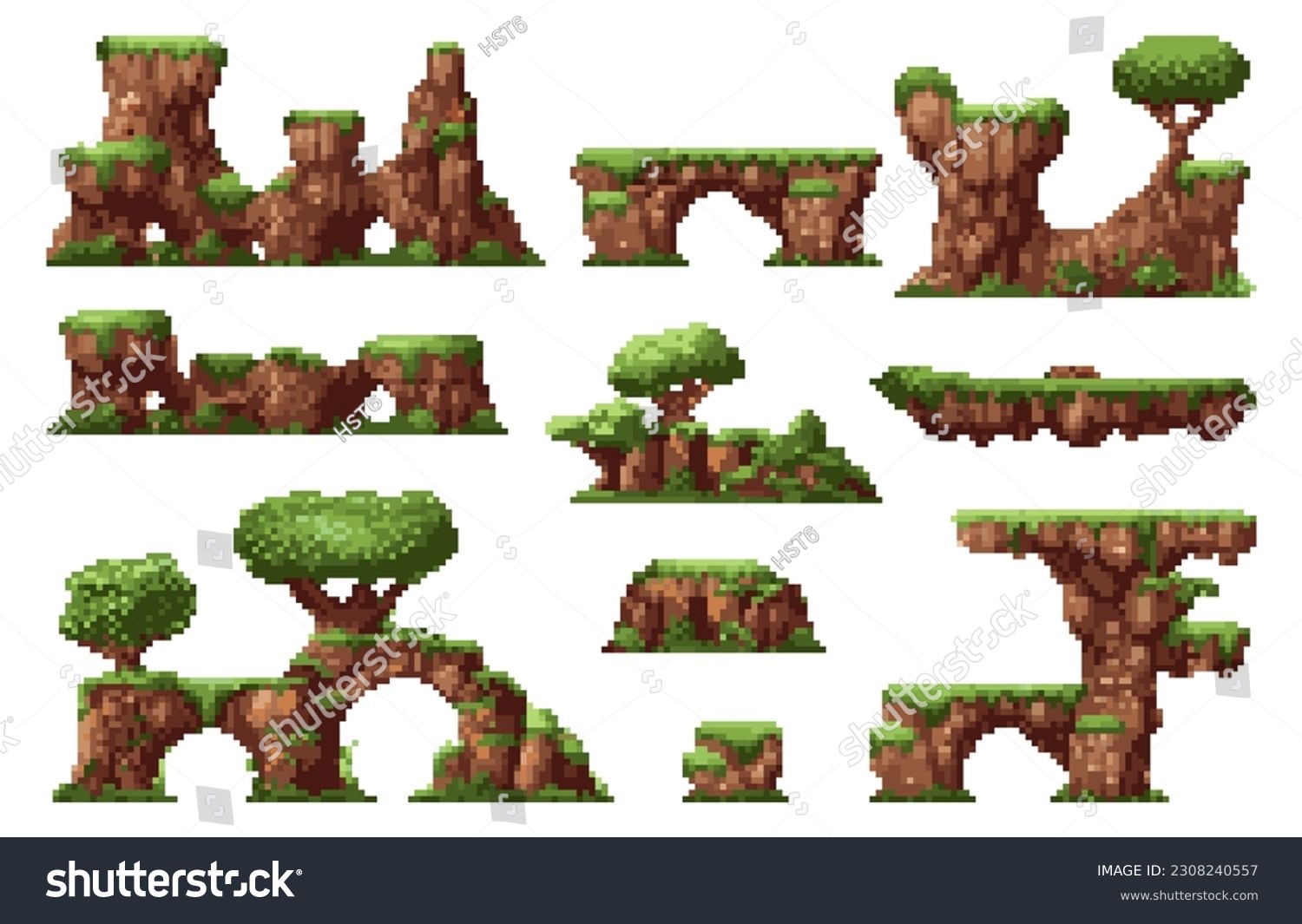 Pixel Art Game Grass Platforms Pixelated Game Royalty Free Stock Vector 2308240557