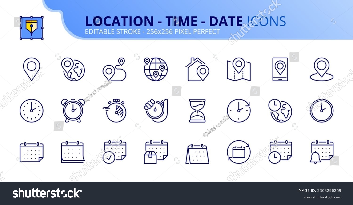 Line icons about location, time and date. Contains such icons as clock, schedule, calendar and pin. Editable stroke Vector 256x256 pixel perfect #2308296269
