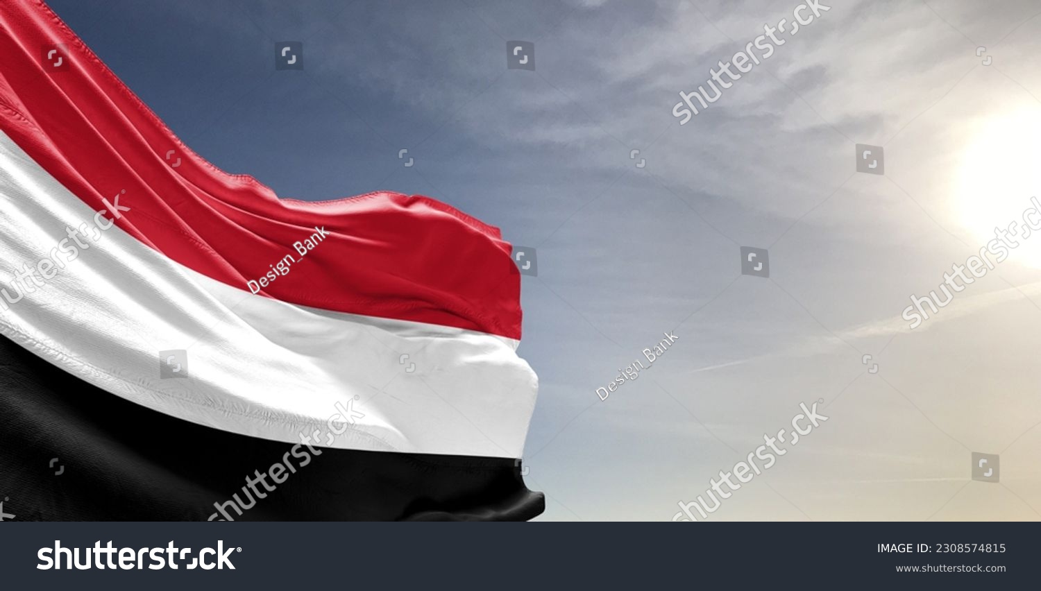 Yemen national flag cloth fabric waving on beautiful grey Background. #2308574815