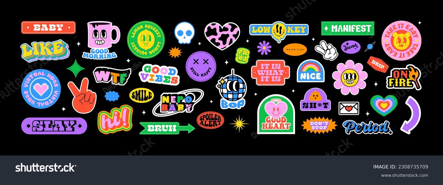 Colorful happy smiling face label shape set. Collection of trendy retro sticker cartoon shapes. Funny comic character art and quote patch bundle. Modern slang word, catchphrase sign, text slogan. #2308735709