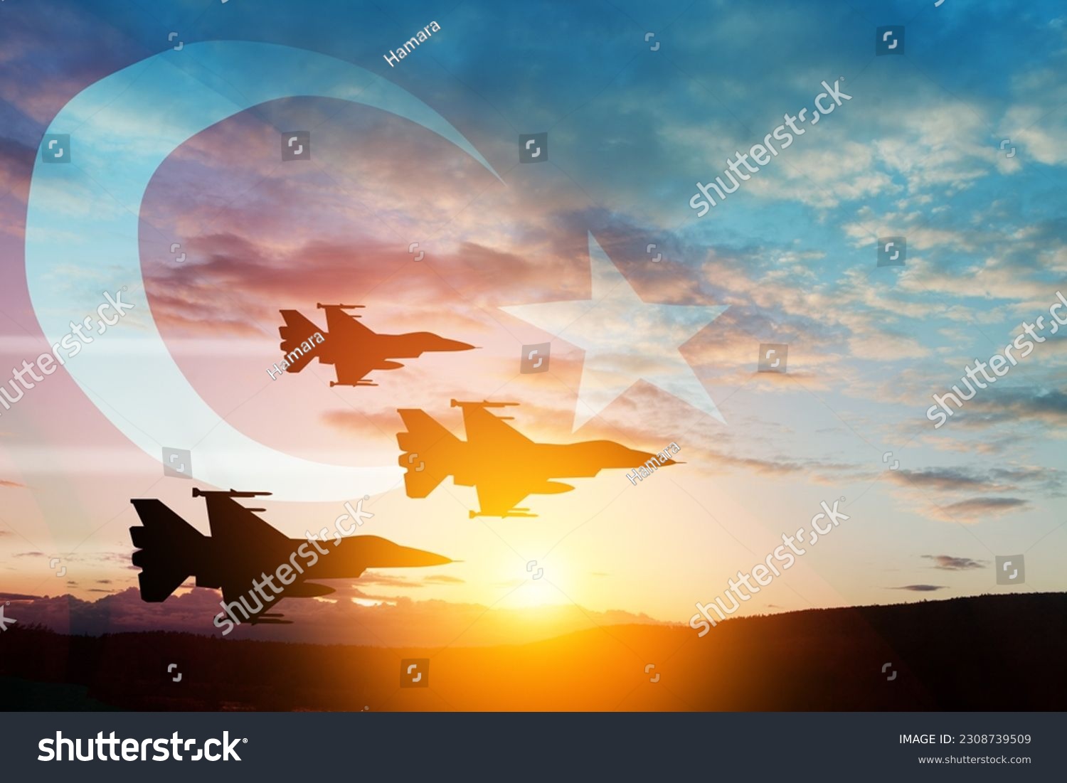 Aircraft silhouettes on background of sunset with a transparent Turkey flag. Air Force aerobatic demonstration. Air Force Day. Turkish Air Force Foundation Day. #2308739509