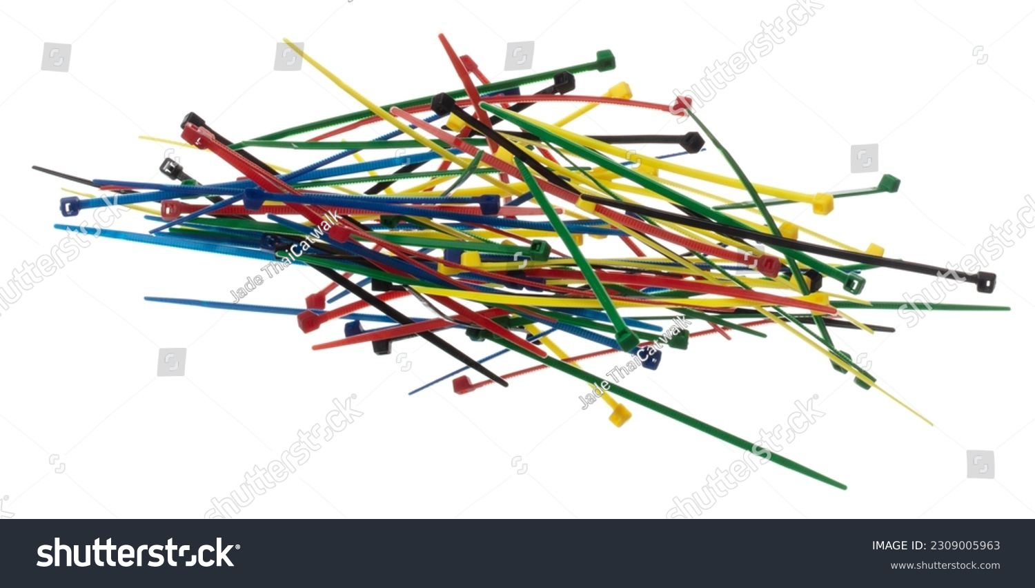 Plastic Cable tie in colorful to hold cable together or wrap around things for electrician, maintenance, repair man. Close up Plastic Cable tie small size, white background isolated #2309005963