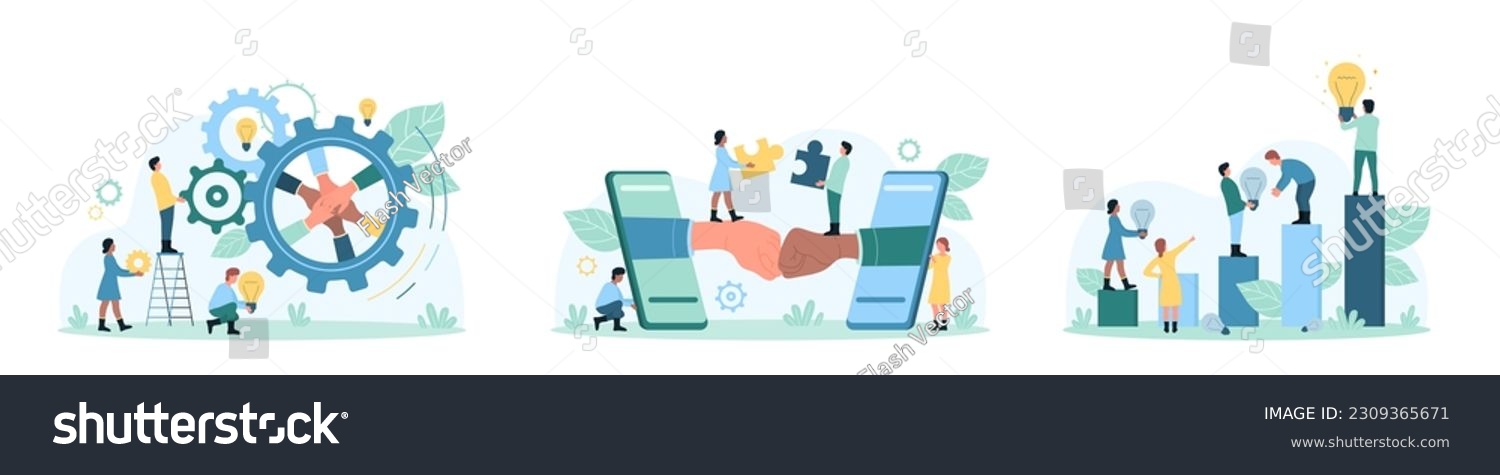 Teamwork and collaboration set vector illustration. Cartoon tiny people building strong dedicated team and effective cooperation and communication for enterprise, holding bright light bulb and puzzles #2309365671