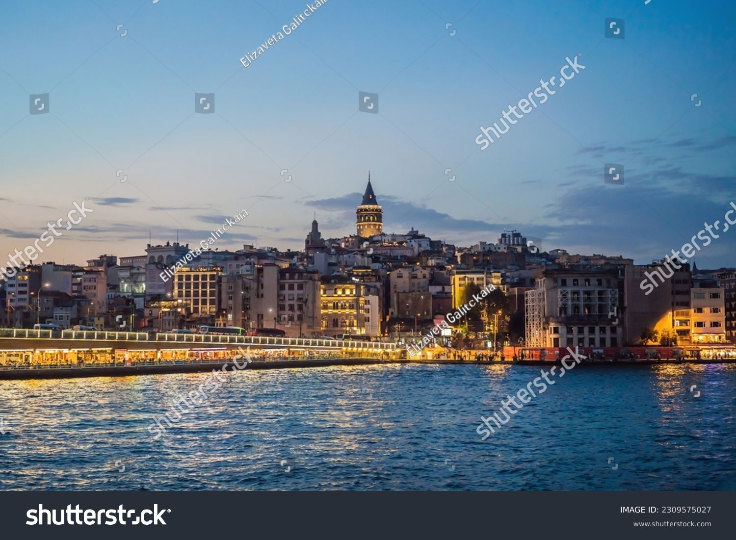 Istanbul city skyline in Turkey, Beyoglu district old houses with Galata tower on top, view from the Golden Horn #2309575027