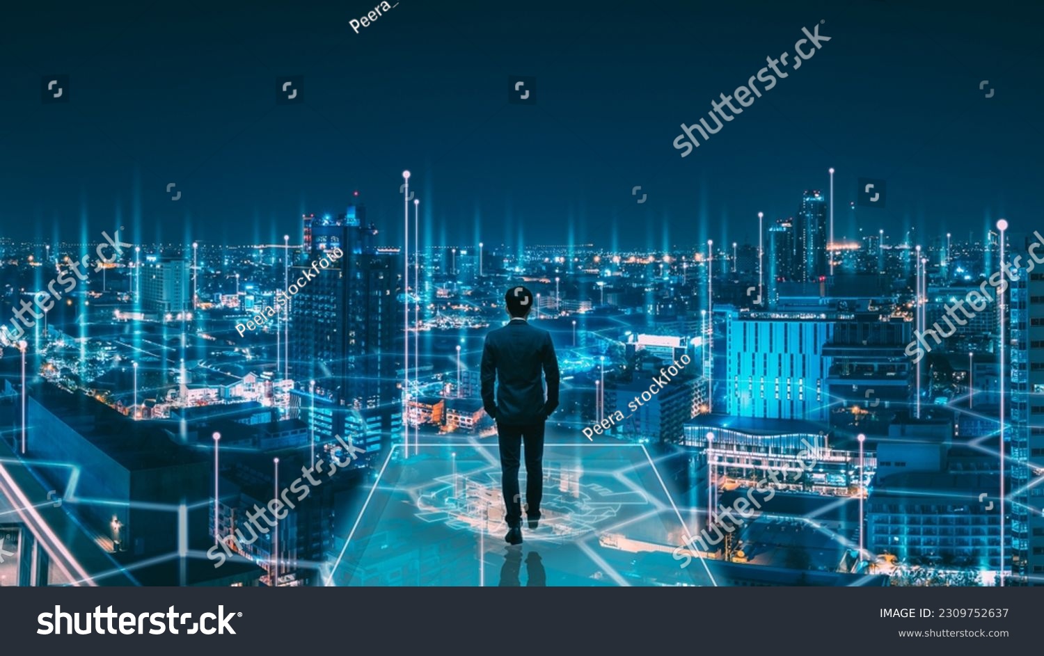 Business technology concept, Professional business man walking on future Pattaya city background and futuristic interface graphic at night, Cyberpunk color style #2309752637
