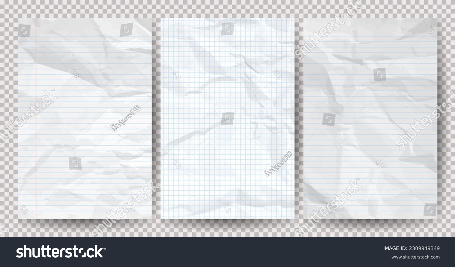 Set of white clean crumpled papers on a transparent background. Crumpled empty notebook sheets of paper with shadow for posters and banners. Vector illustration #2309949349