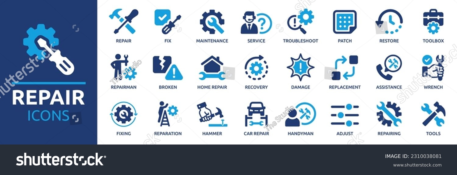 Repair icon set. Containing fix, home and car repair, maintenance, toolbox and repairman service icons. Solid icon collection. Vector illustration. #2310038081