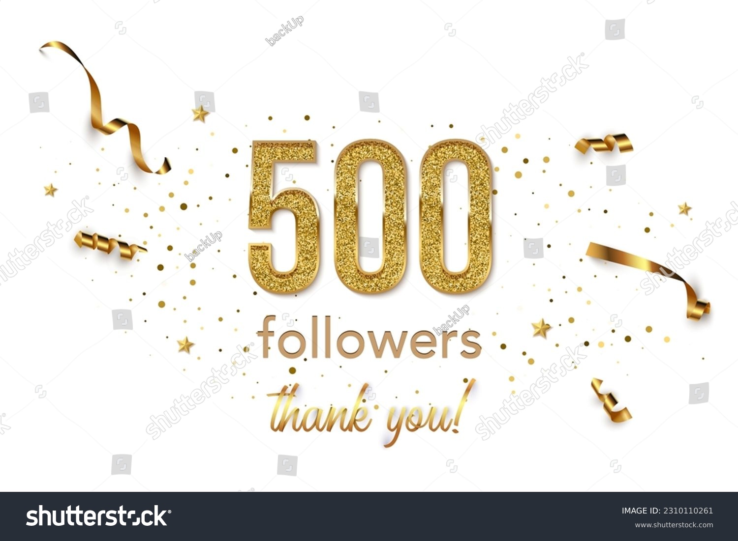 Half thousand followers celebration horizontal vector banner. Social media achievement poster. 500 followers thank you lettering. Golden sparkling confetti ribbons. Shiny gratitude text on white. #2310110261