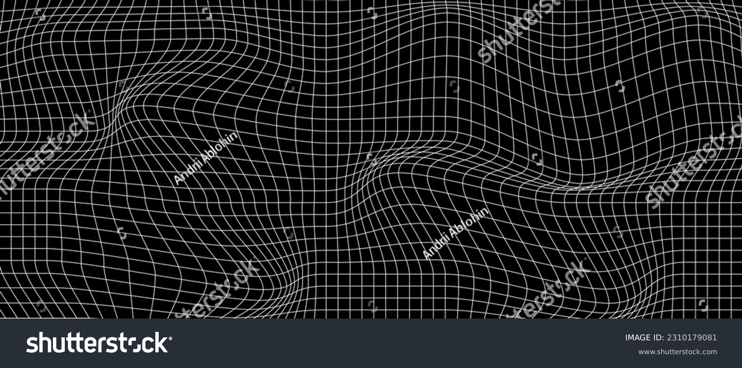 Distorted white grid on black background. Waved mesh texture. Fish net with deformation effect. Bented lattice surface. Vector graphic illustration. #2310179081