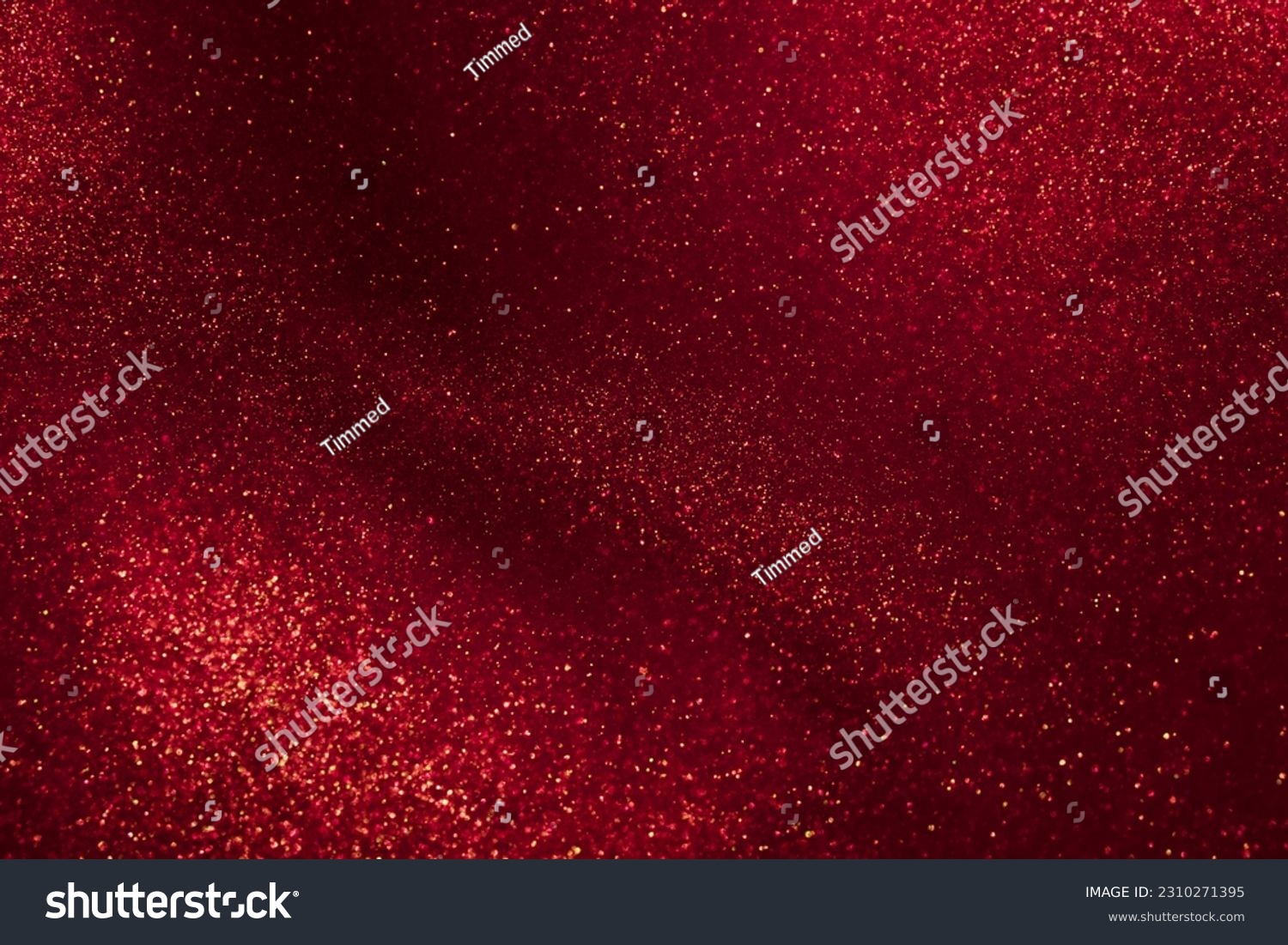 Abstract strains of gold particles in a red liquid. A mysterious glistening fluid background. Golden glittering particles on dark red background. #2310271395