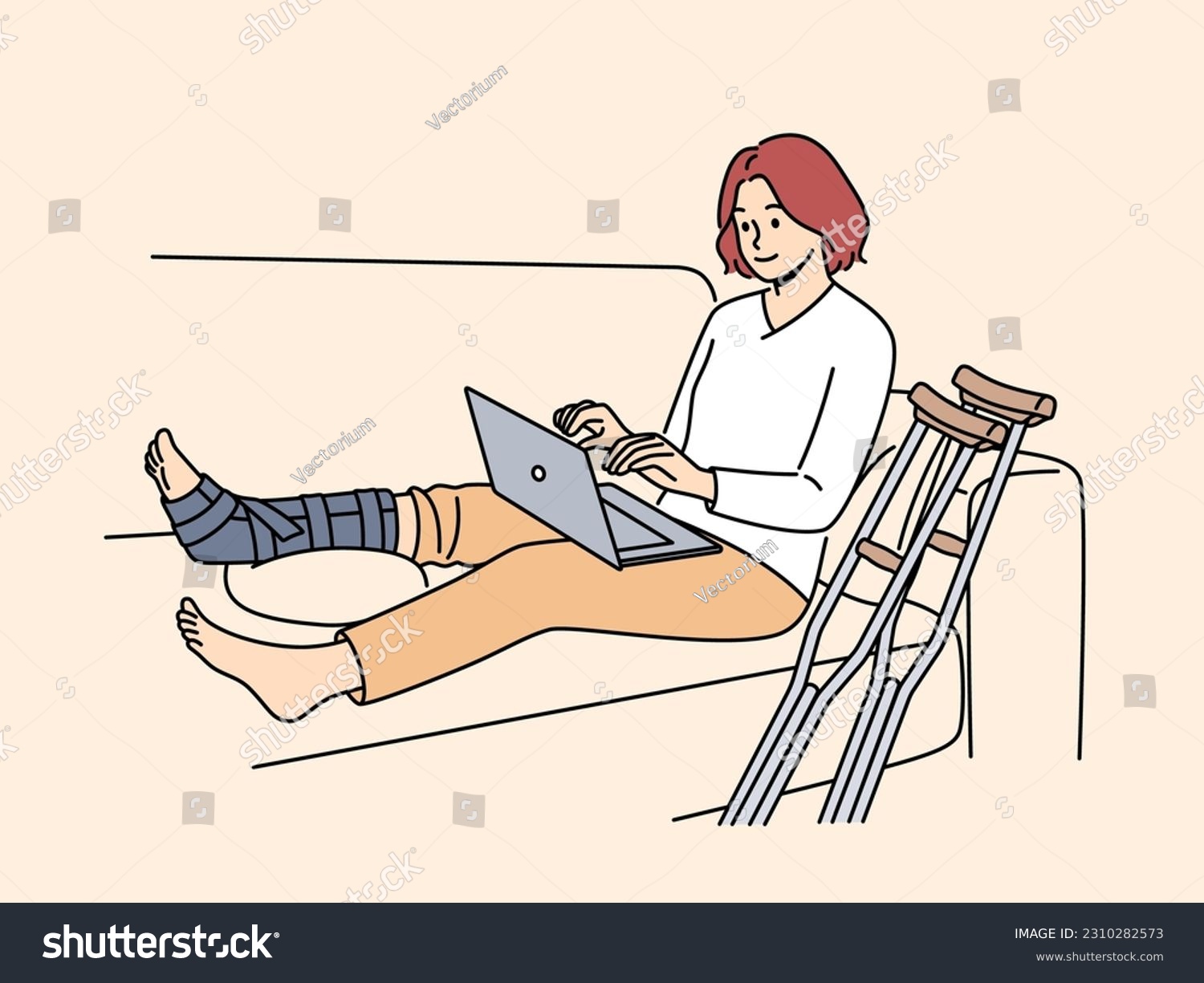 Woman sit on sofa at home with broken leg working on computer. Positive female with cast on leg freelance on laptop. Sick leave and remote work. Vector illustration.  #2310282573