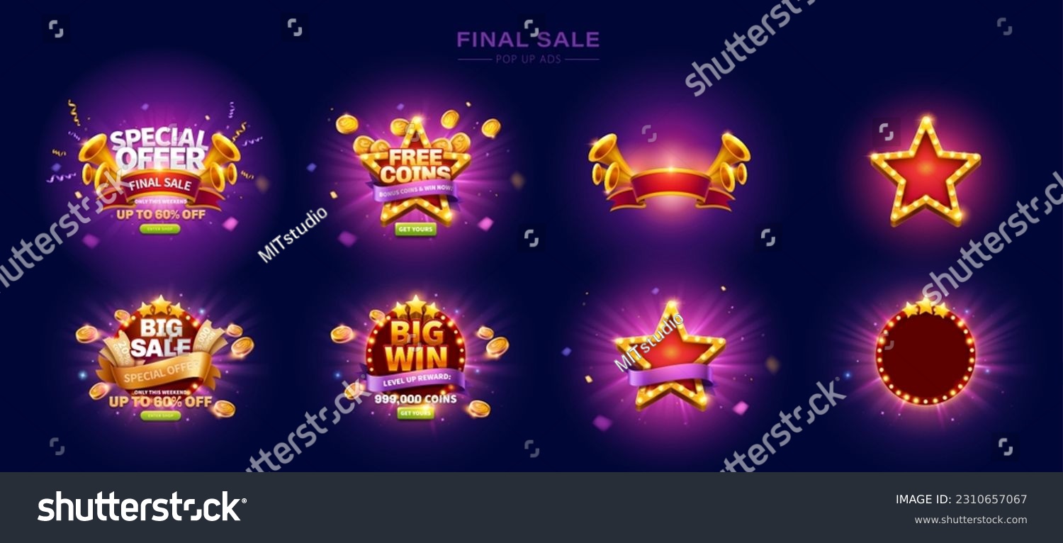 Final sale promotion pop up ads templates with radial light background isolated on purple background. Different shapes of marquees ad decorated with horn and coins, and blank ones. #2310657067