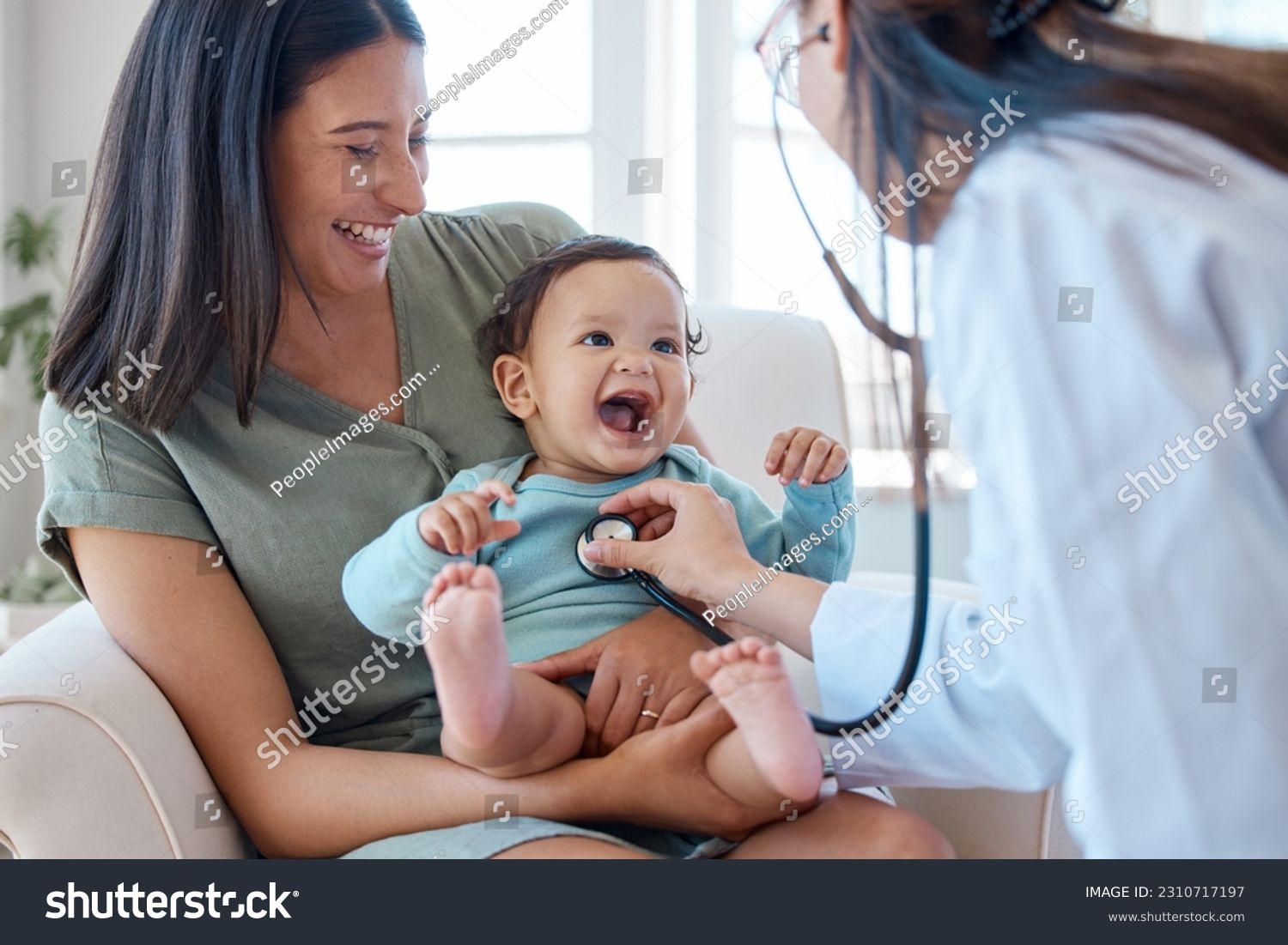 Mother, baby and stethoscope of pediatrician for healthcare consulting, check lungs and breathing for heartbeat. Doctor, happy infant kid and chest assessment in clinic, hospital and medical analysis #2310717197