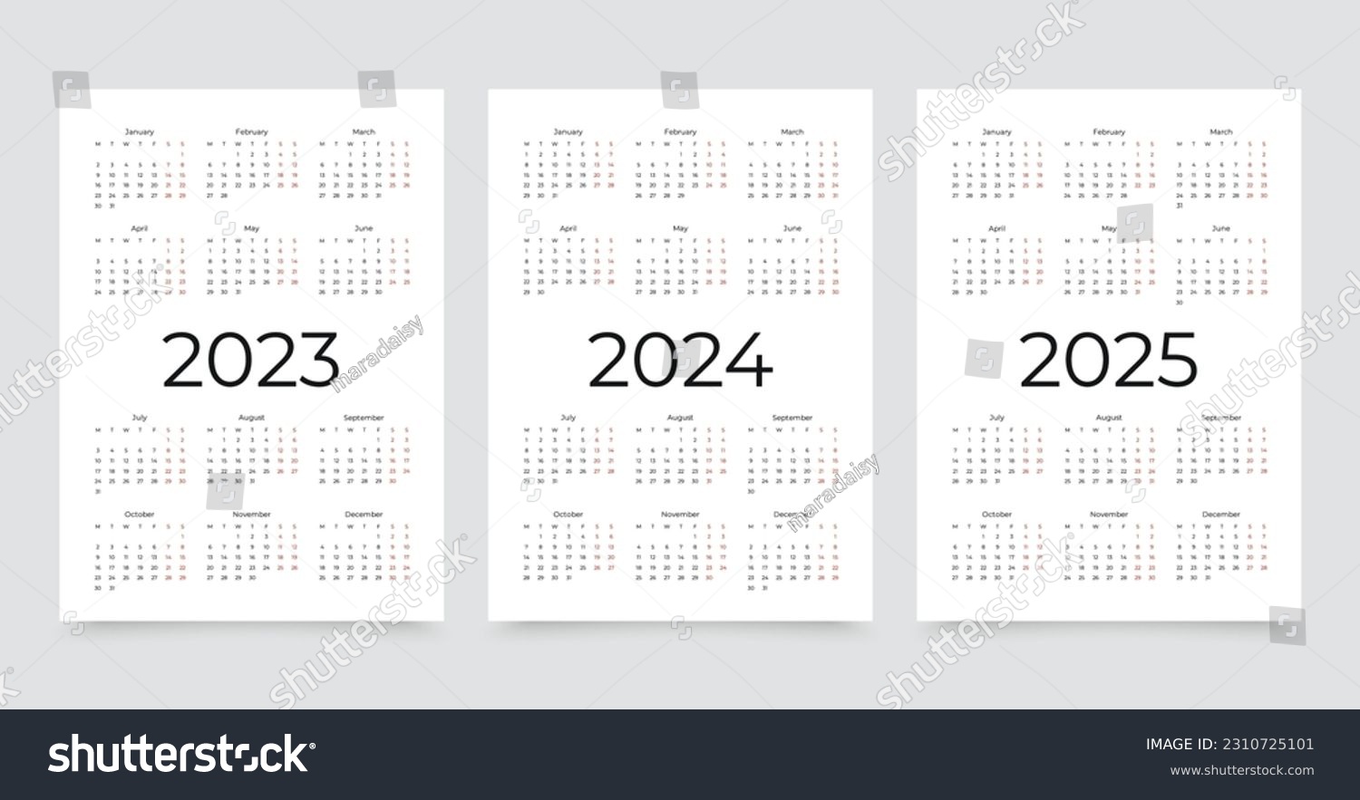 2023, 2024, 2025 years calendar. Week starts - Royalty Free Stock ...