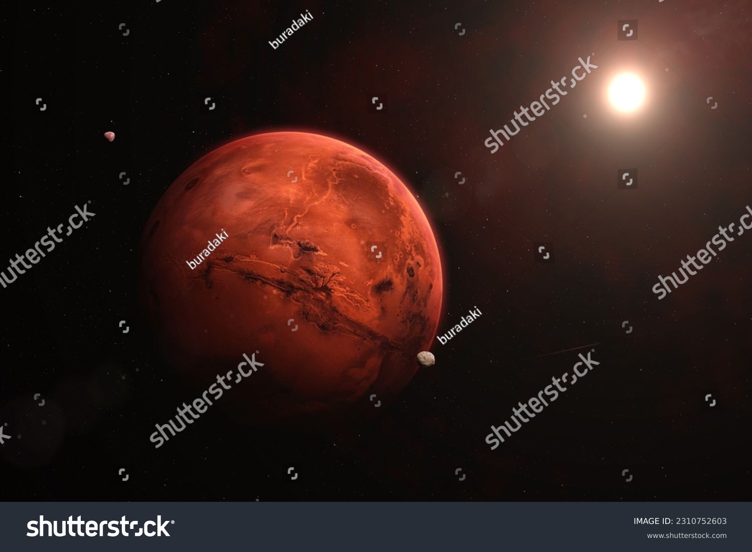 Beautiful planet Mars seen from space.  Space view of the Mars, Phobos, Deimos and Sun. Science fiction art. High resolution image. Elements of this image furnished by NASA. #2310752603