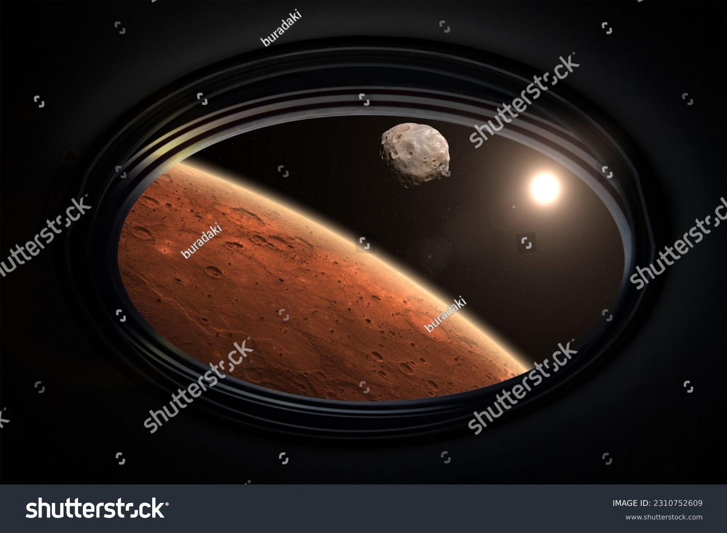 View from porthole of a spaceship to Mars with its moon Phobos. Phobos is the natural satellite of Mars. Expedition and colonization of Mars. Science fiction wallpaper. Elements furnished by NASA. #2310752609