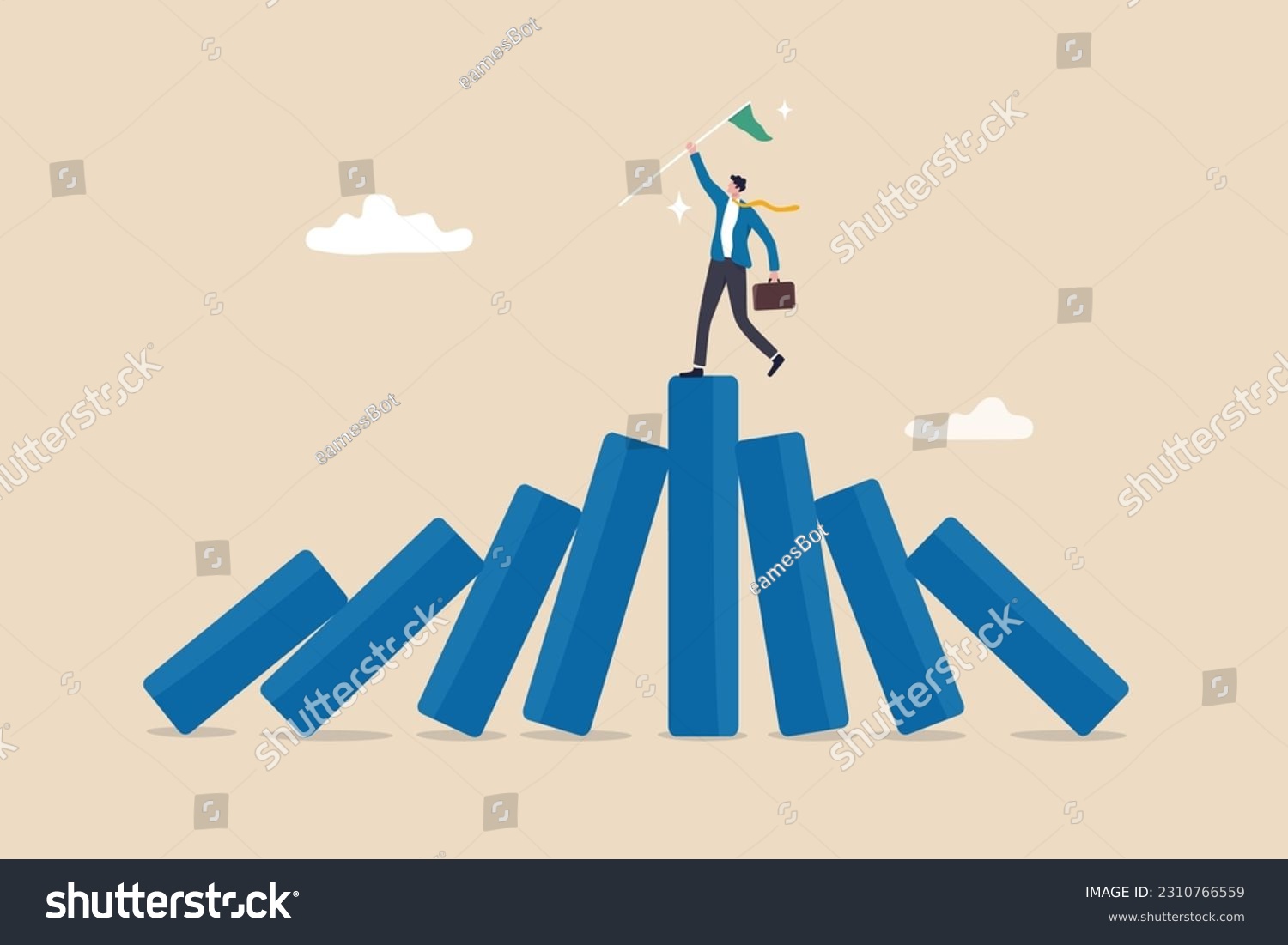 Winner take all, survive business competition or strength to overcome difficulty, economic crisis or recession, business winner concept, success businessman on stand strong bar graph domino collapse. #2310766559
