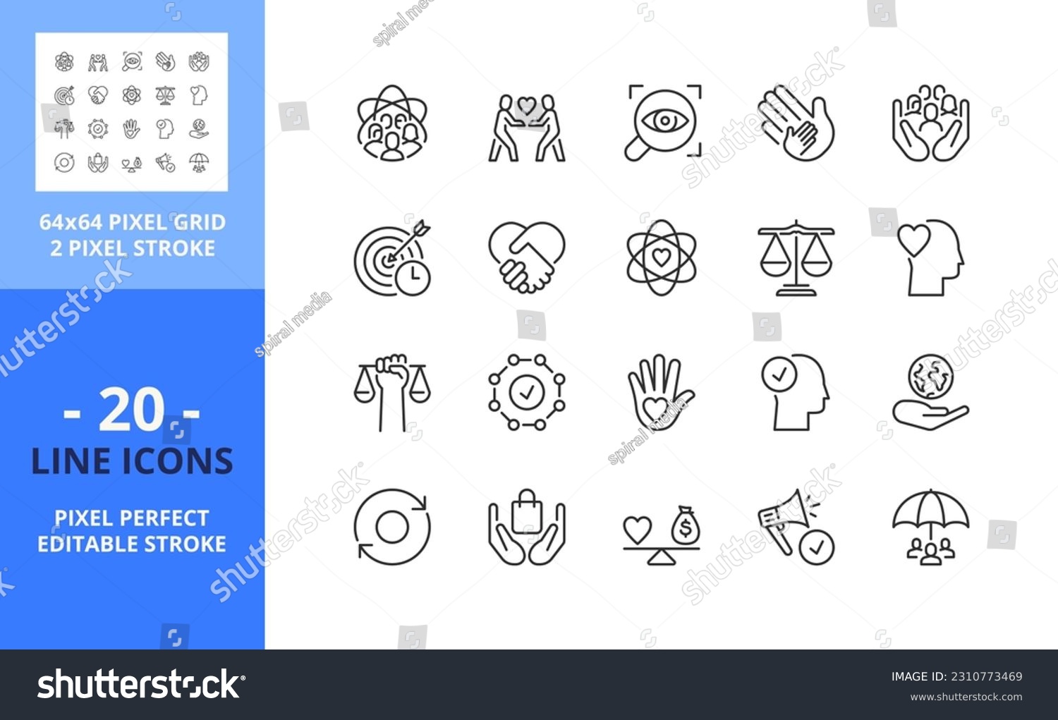 Line icons about corporate social responsibility. Contains such icons as core values, transparency, impact, ethical business and trust.. Editable stroke. Vector - 64 pixel perfect grid #2310773469