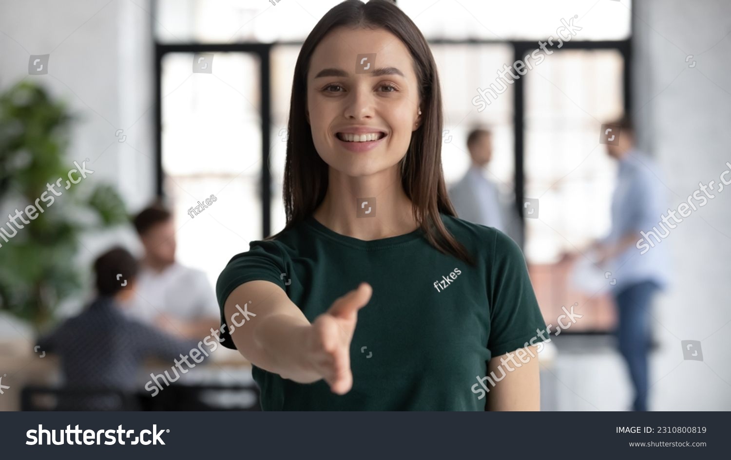 Head shot portrait pretty friendly employer stretch out her hand for hand shake greets applicant, representative of company young confident executive manager welcoming client express respect concept #2310800819