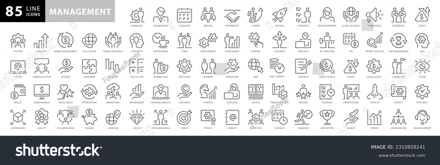 Management line icons set. Business Managment and Direction elements outline icons collection. Businessman, Career, Human Resources, Employee, Strategy, Communication, Teamwork - stock vector #2310928241