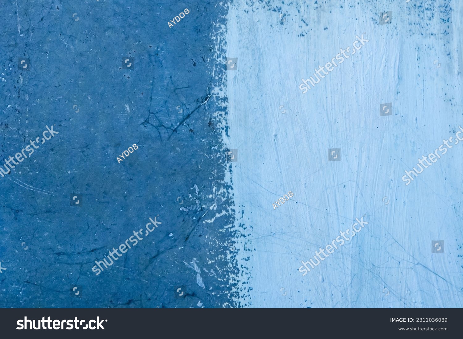 White paint brush stroke spots two color on old concrete blue surface cement wall abstract design pattern texture background. #2311036089