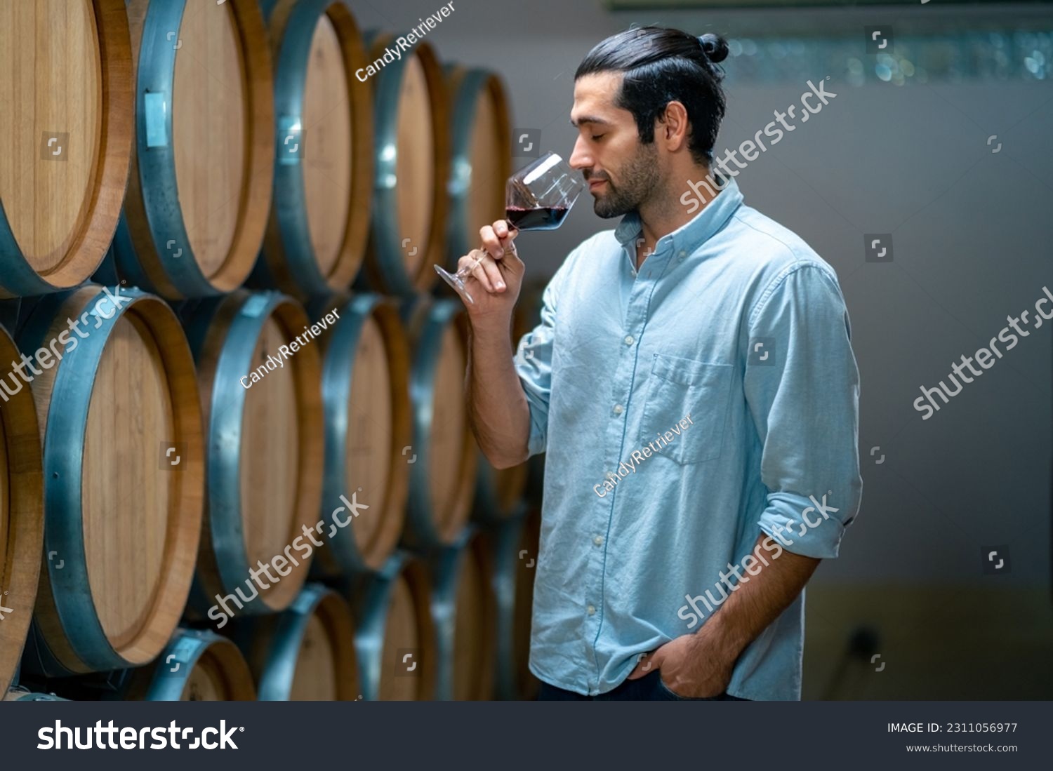 Professional man sommelier testing red wine in wine glass with tasting and smelling at wine cellar with wooden barrel in wine factory. Winery liquor manufacturing industry and winemaker concept. #2311056977