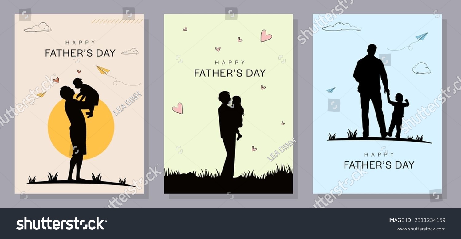 Happy Father's Day with dad and children silhouettes. Vector greeting card with a nice message of Father's Day.  #2311234159