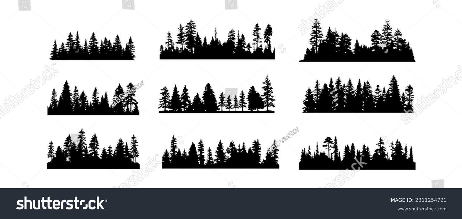Forest tree silhouettes collection. Pine trees horizontal pattern panorama background. Vector illustration #2311254721