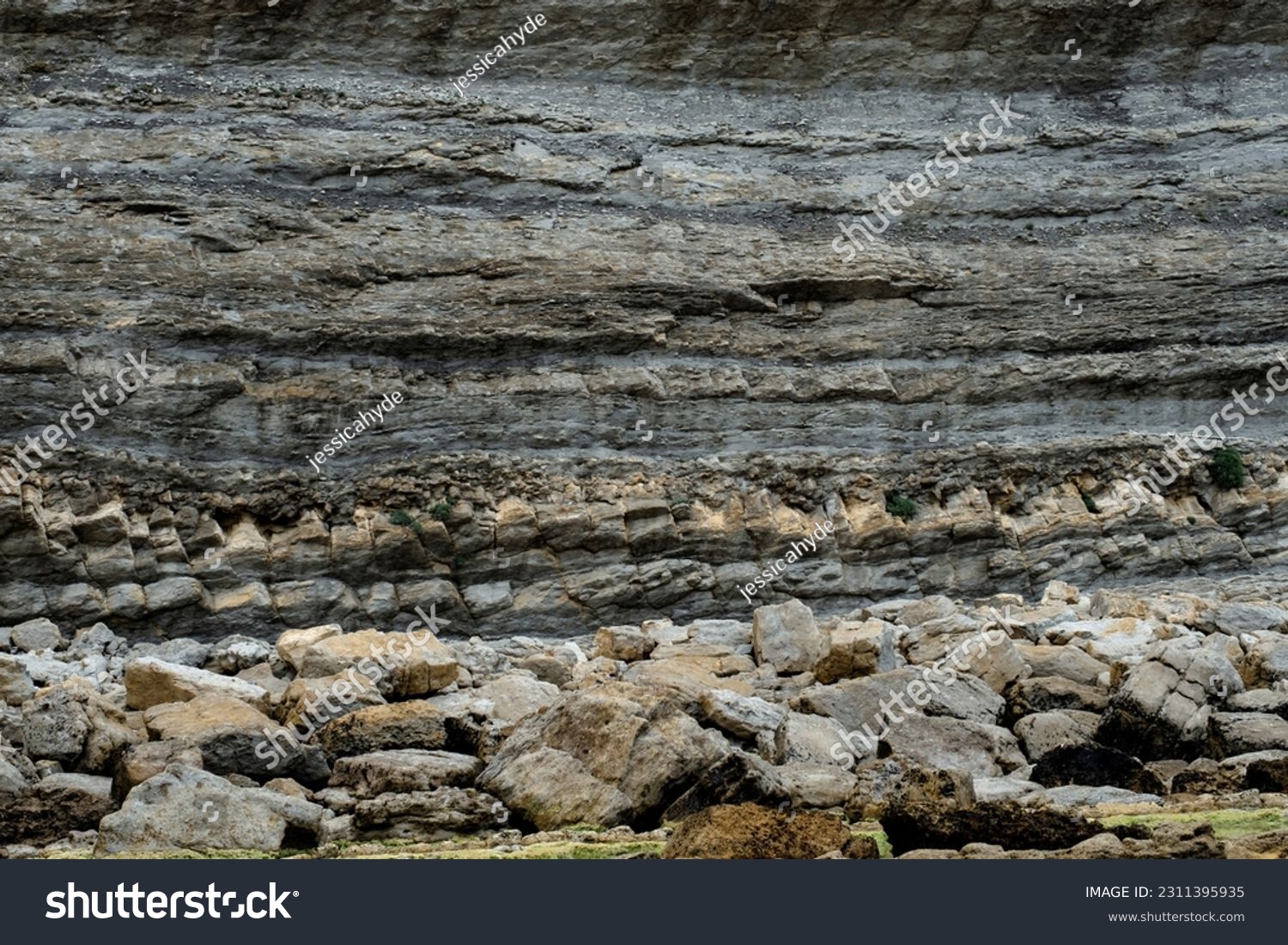 Rhythmic stratification of sedimentary rocks deposited in horizontal layers. Broken Coast of Liencres, Cantabria, Spain.  #2311395935