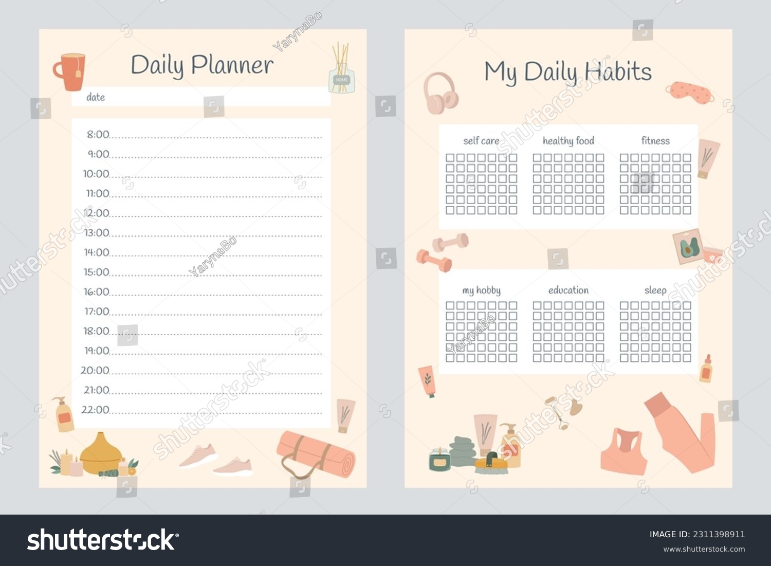 Self care checklist and daily planner set. - Royalty Free Stock Vector ...