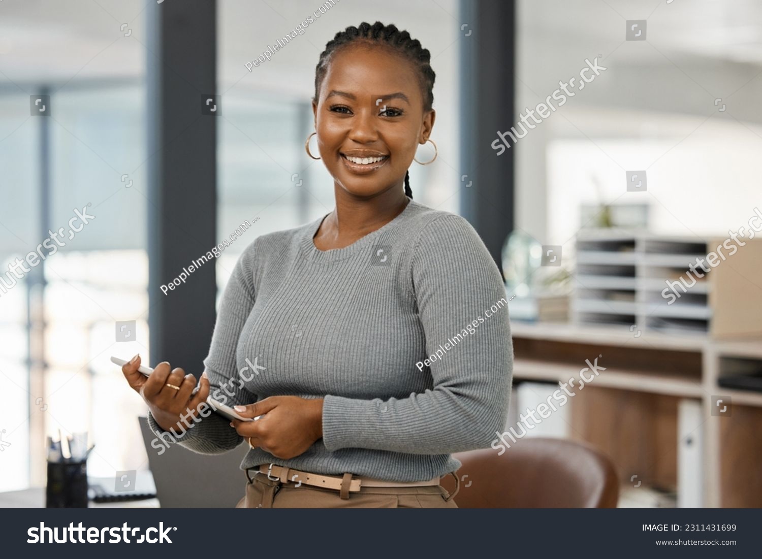 Tablet, happy and portrait of business black woman online for research, internet or website in office. Corporate, professional and female worker on digital tech for social media, project and planning #2311431699