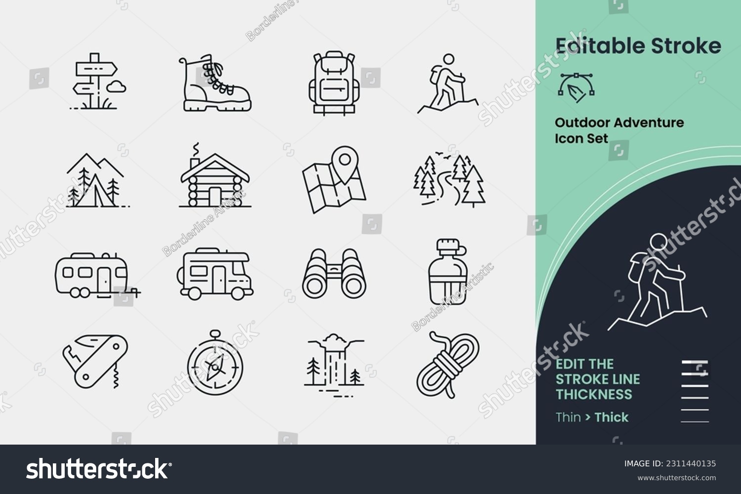 Outdoor Adventure Icon collection containing 16 editable stroke icons. Perfect for logos, stats and infographics. Edit the thickness of the line in any vector capable app. #2311440135
