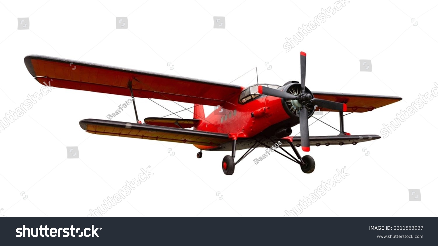 Red plane used for agricultural or sanitation purpose against clear white background #2311563037
