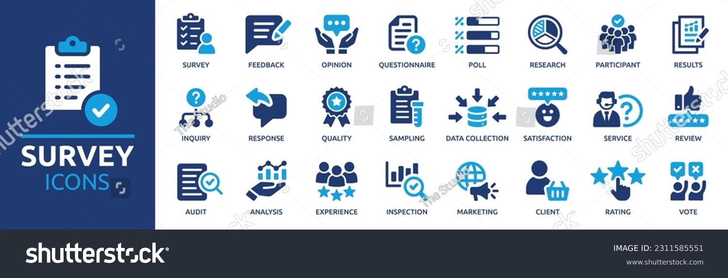 Survey icon set. Containing feedback, opinion, questionnaire, poll, research, data collection, review and satisfaction icons. Solid icon collection. Vector illustration. #2311585551