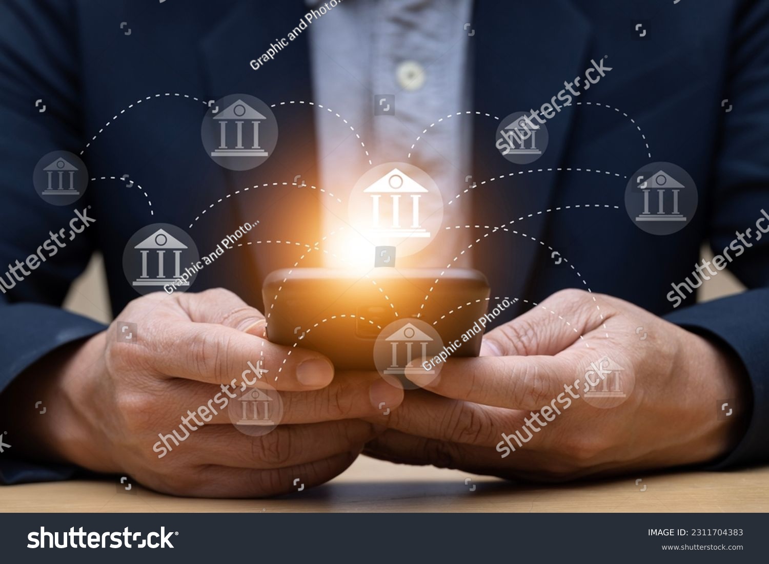 online banking concept Links between financial institutions Financial network with people using smartphones #2311704383