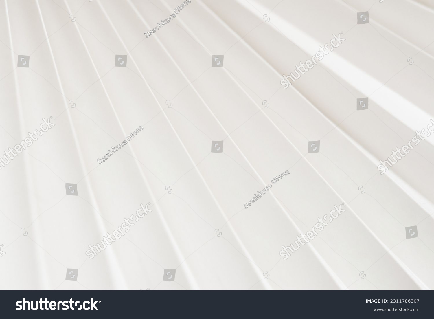 Minimalistic white dynamic background with diagonal lines, curtains, abstract dark geometric shape from fabrics with soft shadow background, top view	 #2311786307
