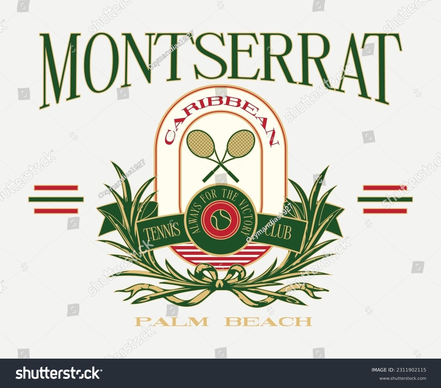 logo slogan graphic, retro tennis with racket, ball and laurel. city a, palm beach Country club summer SS23 tennis crest sport  #2311902115