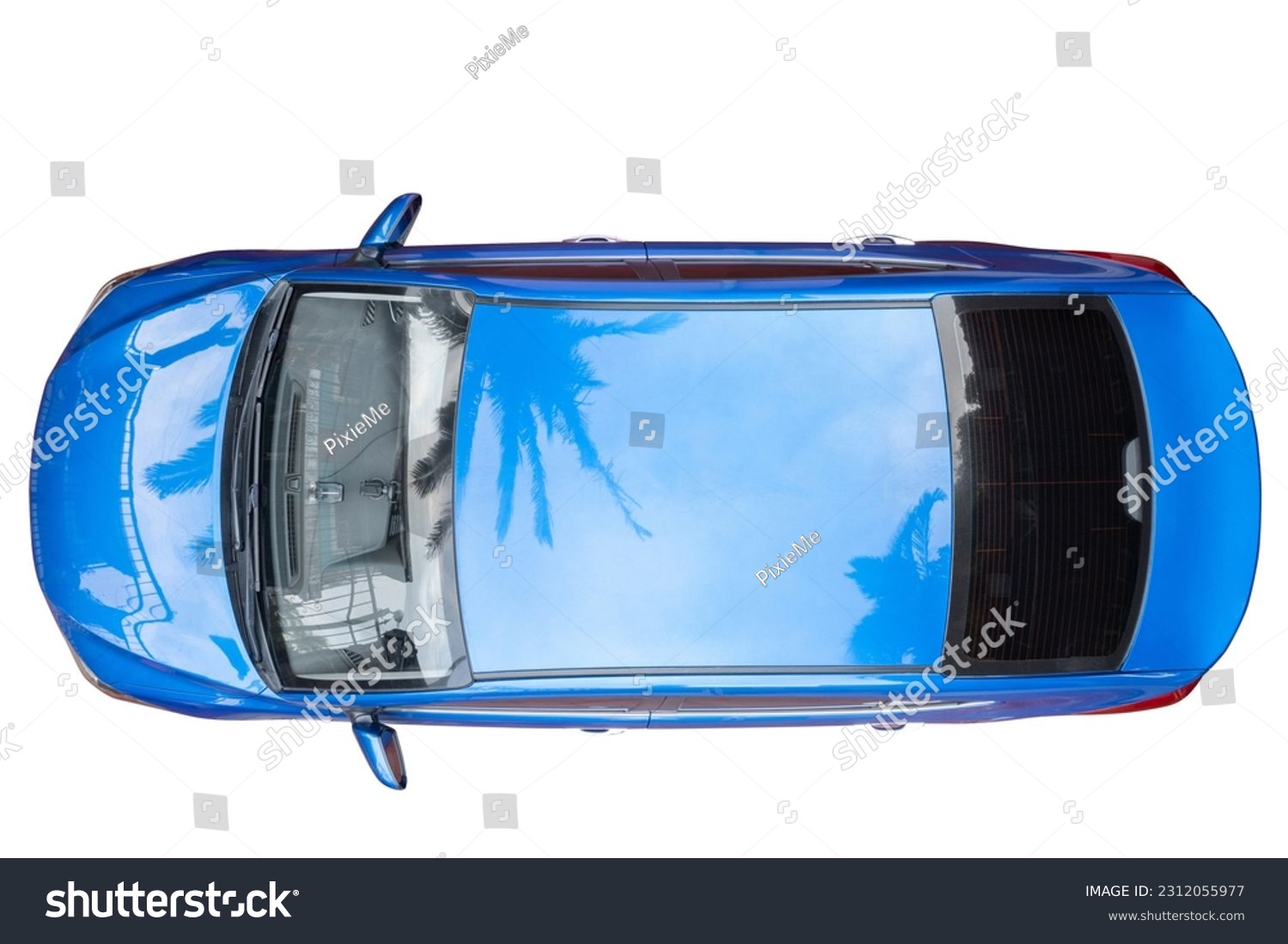 Modern blue car sedan above top drone view isolated on white background  #2312055977