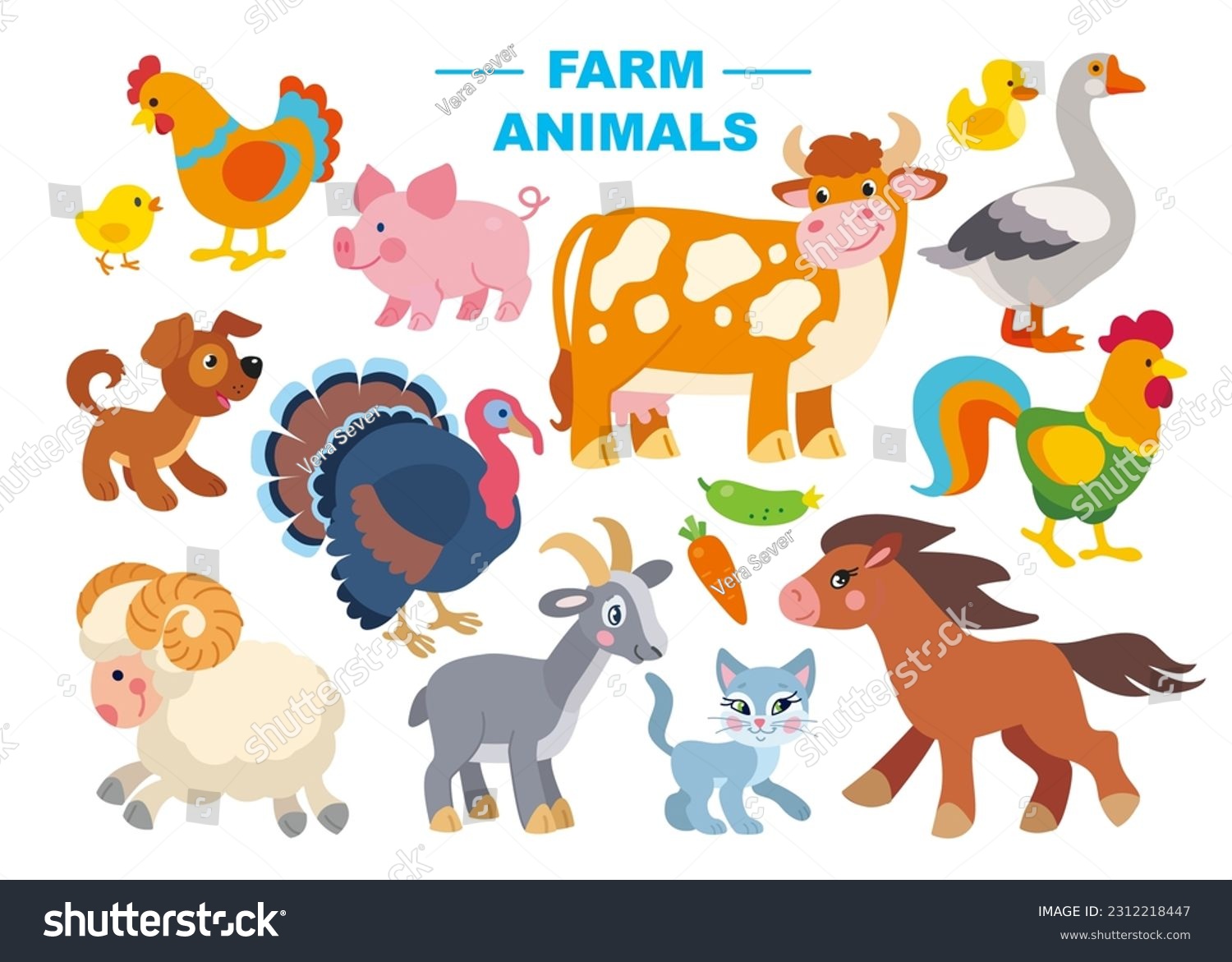 Set of cute farm animals and birds vector illustration. Cartoon animalistic characters in flat style: chicken, rooster, turkey, cow, goat, horse, goose, duck, dog, cat, pig, seep, ram. #2312218447
