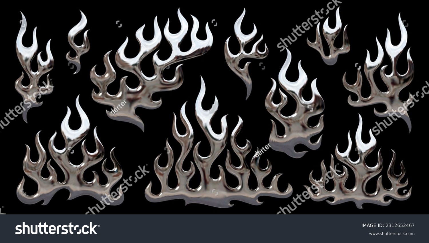 3D Y2K chromed fire shapes. Set of isolated vector elements as shiny melted metal flames in styles of chrome, silver, aluminum, platinum, steel, liquid mercury. Ideal for 2000s triball aesthetics #2312652467