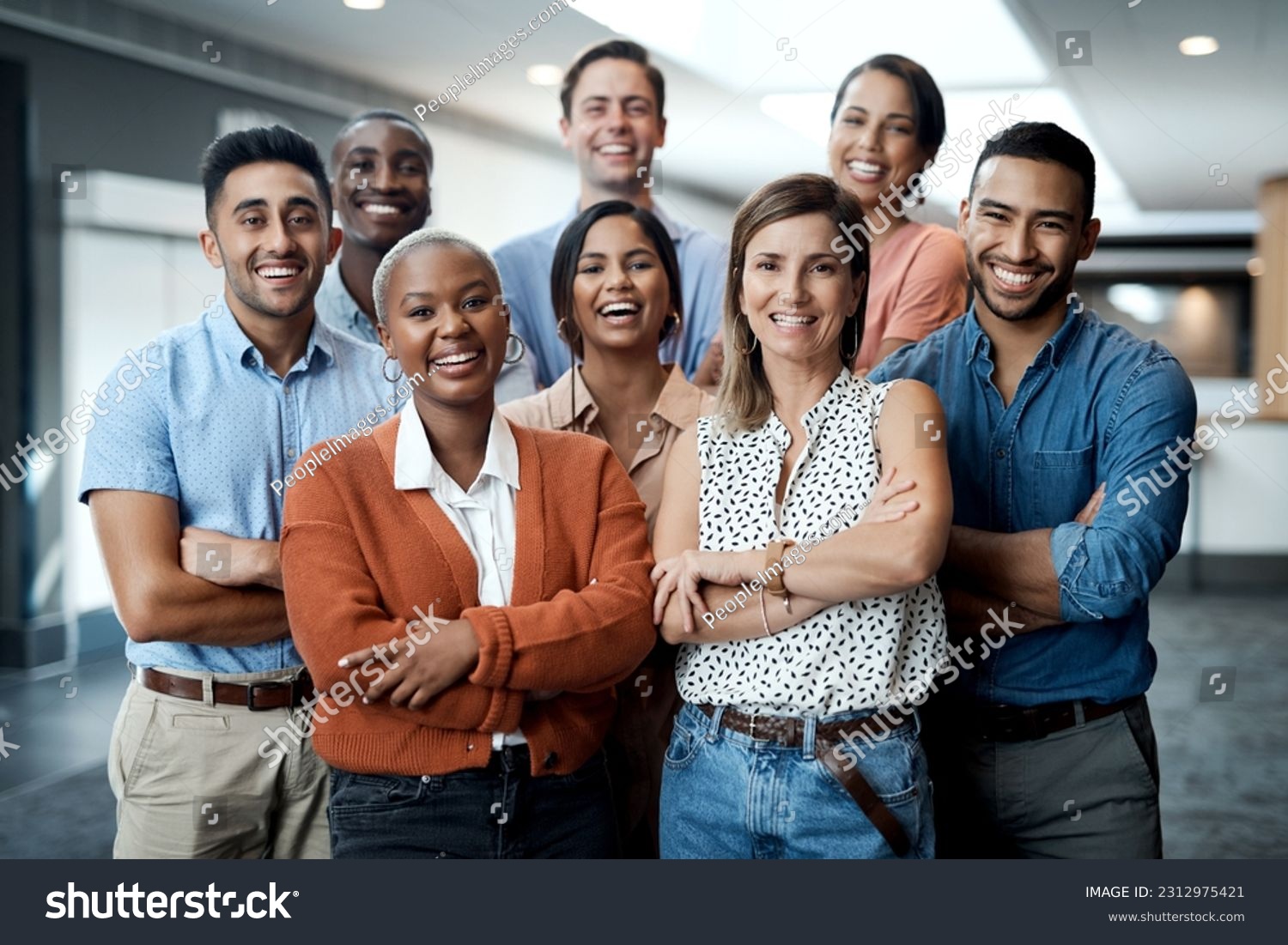 Diversity, portrait of happy colleagues and smile together in a office at their workplace. Team or collaboration, corporate workforce and excited or cheerful group of coworker faces, smiling at work #2312975421