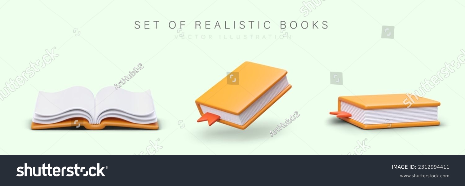 Set of realistic 3d books with orange cover in different positions. Poster with products for book online store concept. Colorful vector illustration in cartoon style with green background #2312994411