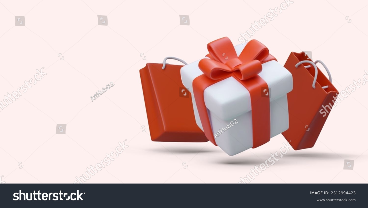 Party time. 3D gift and paper bags. Surprises and bonuses for buyers. Holiday cover template. Promotional banner on colored background. Holiday is coming. Give away #2312994423