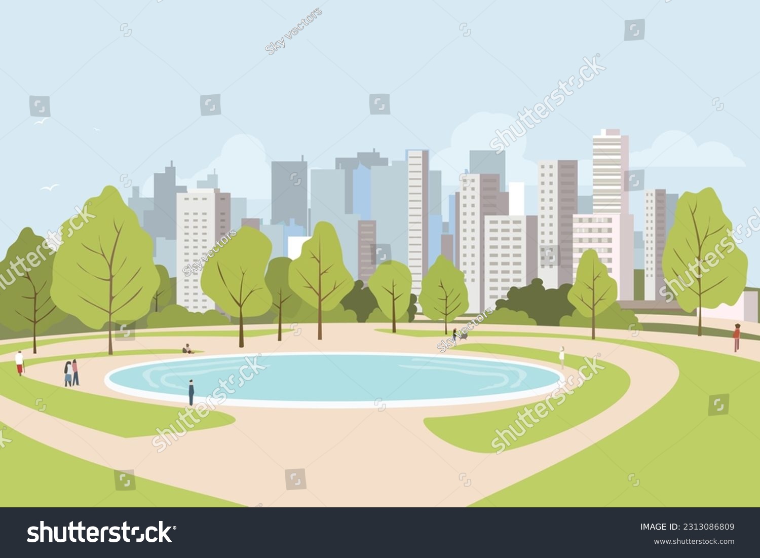 City park lawn and trees, small pond or fountain and abstract people figure. Flat style vector. On background business city center with skyscrapers. Green park vegetation in center of big town. #2313086809