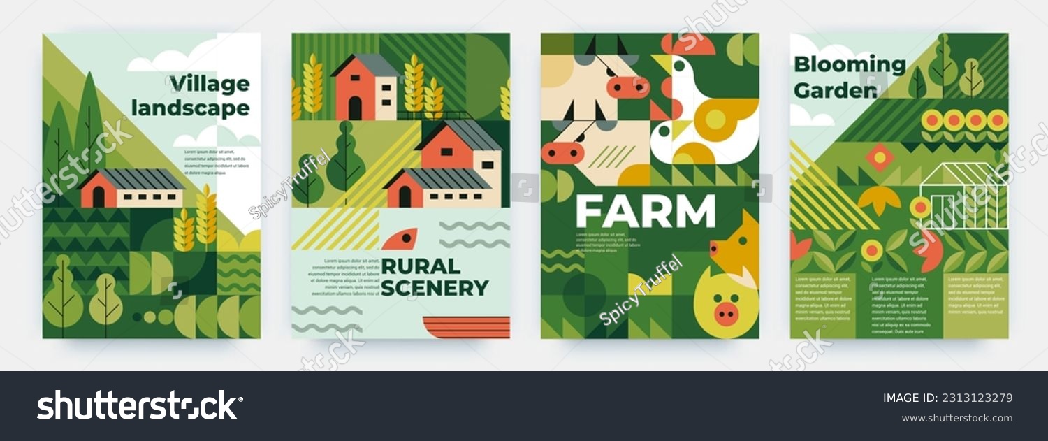 Nature house landscape. Geometric patterns. Abstract posters with village plants and flowers. Countryside scenery. Forest trees. Farm animals. Modern banner design. Vector backgrounds set #2313123279