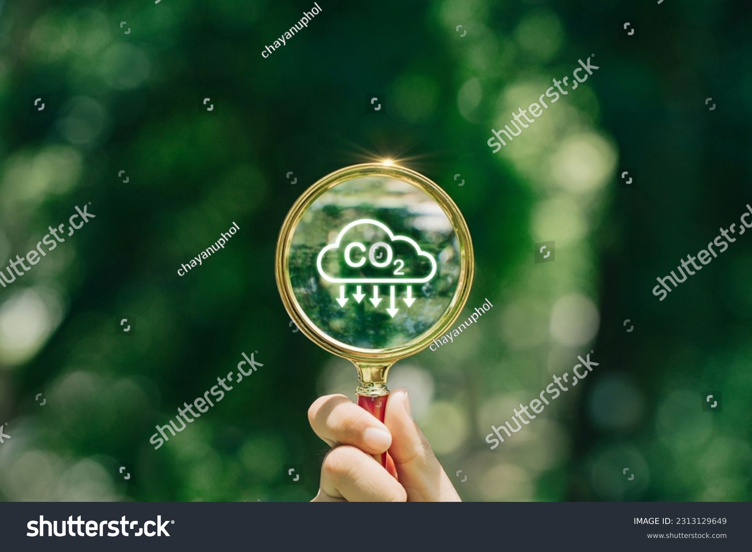 hand holding magnifying glass with CO2 reduction icon inside.A clean and friendly environment without carbon dioxide emissions.carbon credit to limit global warming from climate change.carbon neutral. #2313129649