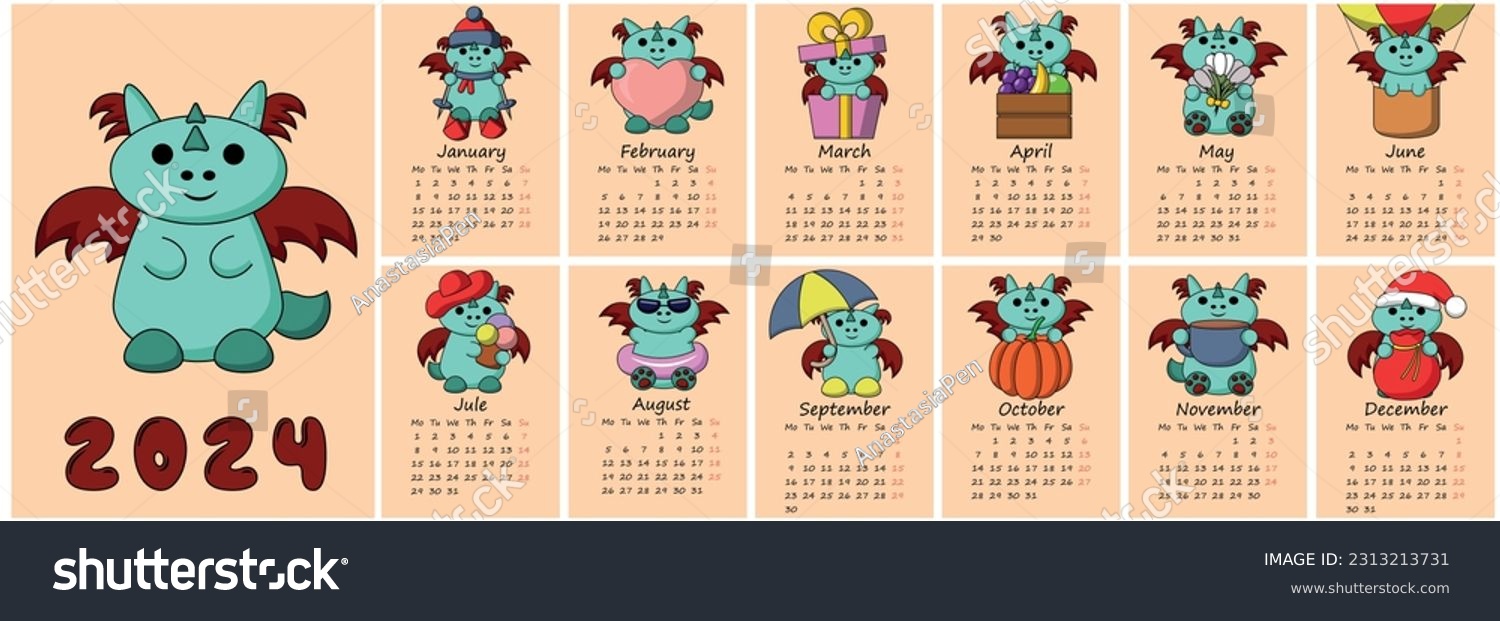 Calendar for 2024 with Cute Cartoon Character - Royalty Free Stock ...