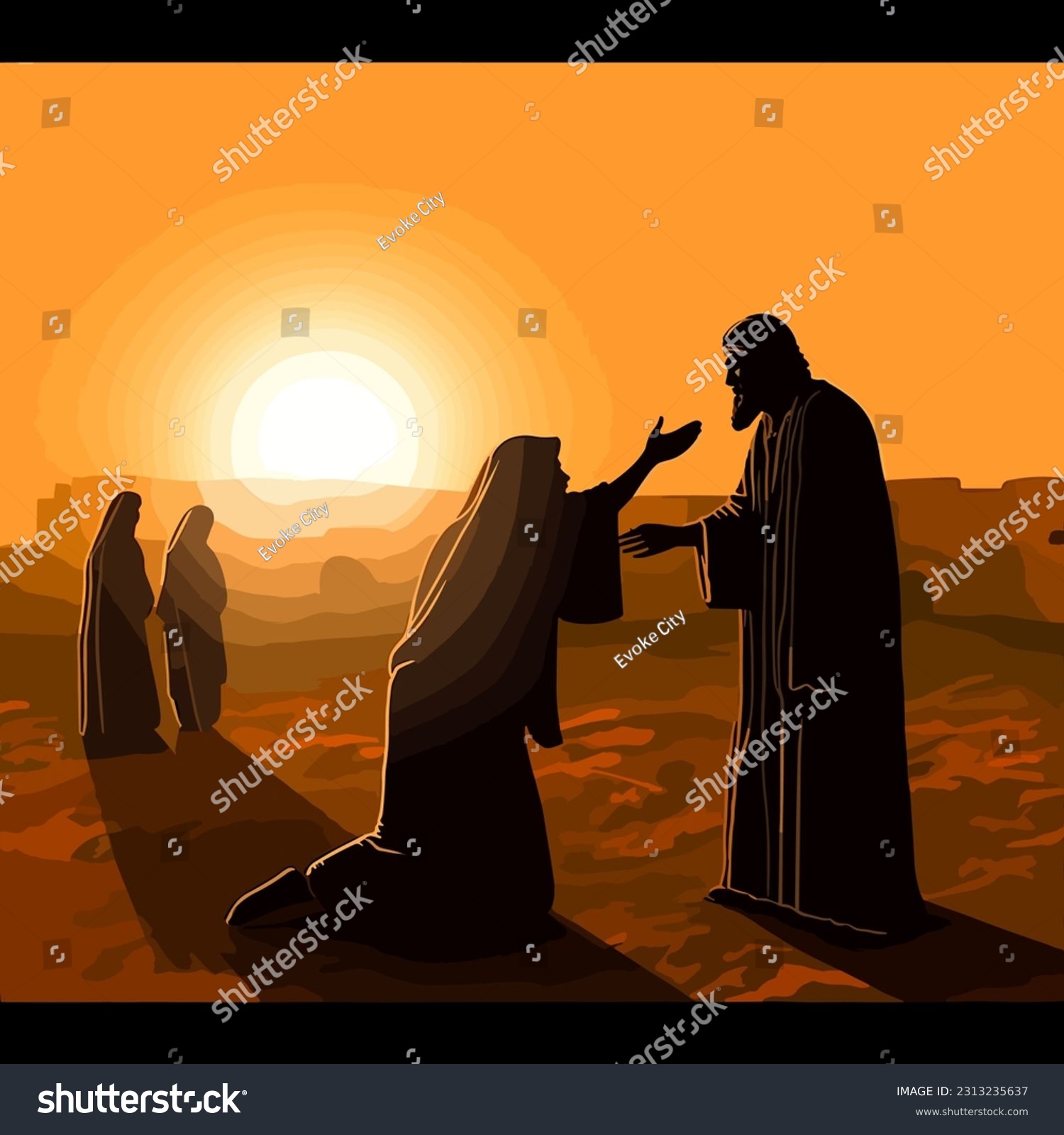 Jesus heals blind man golden hour silhouette - Royalty Free Stock ...