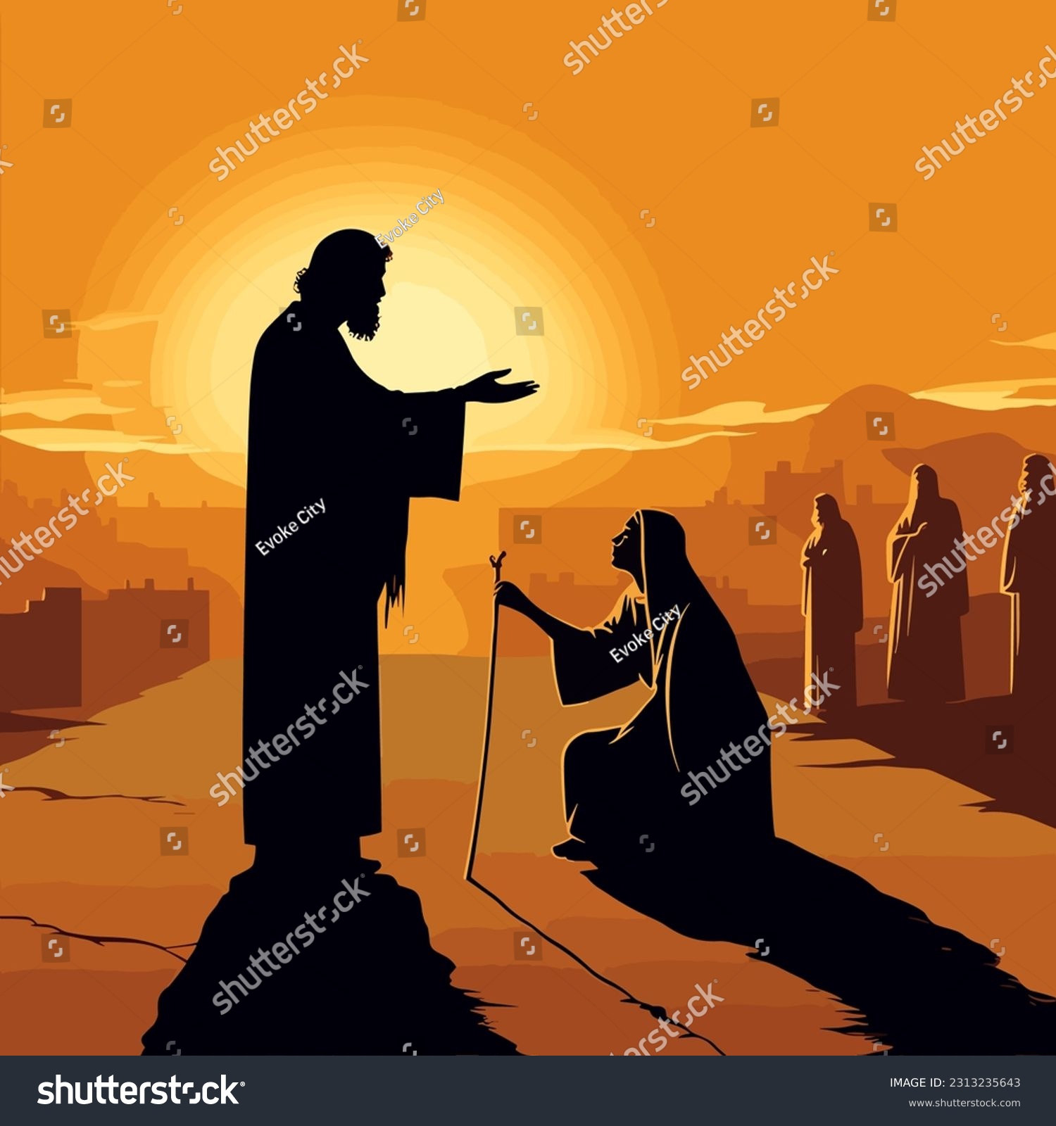 Jesus heals blind man golden hour silhouette - Royalty Free Stock ...